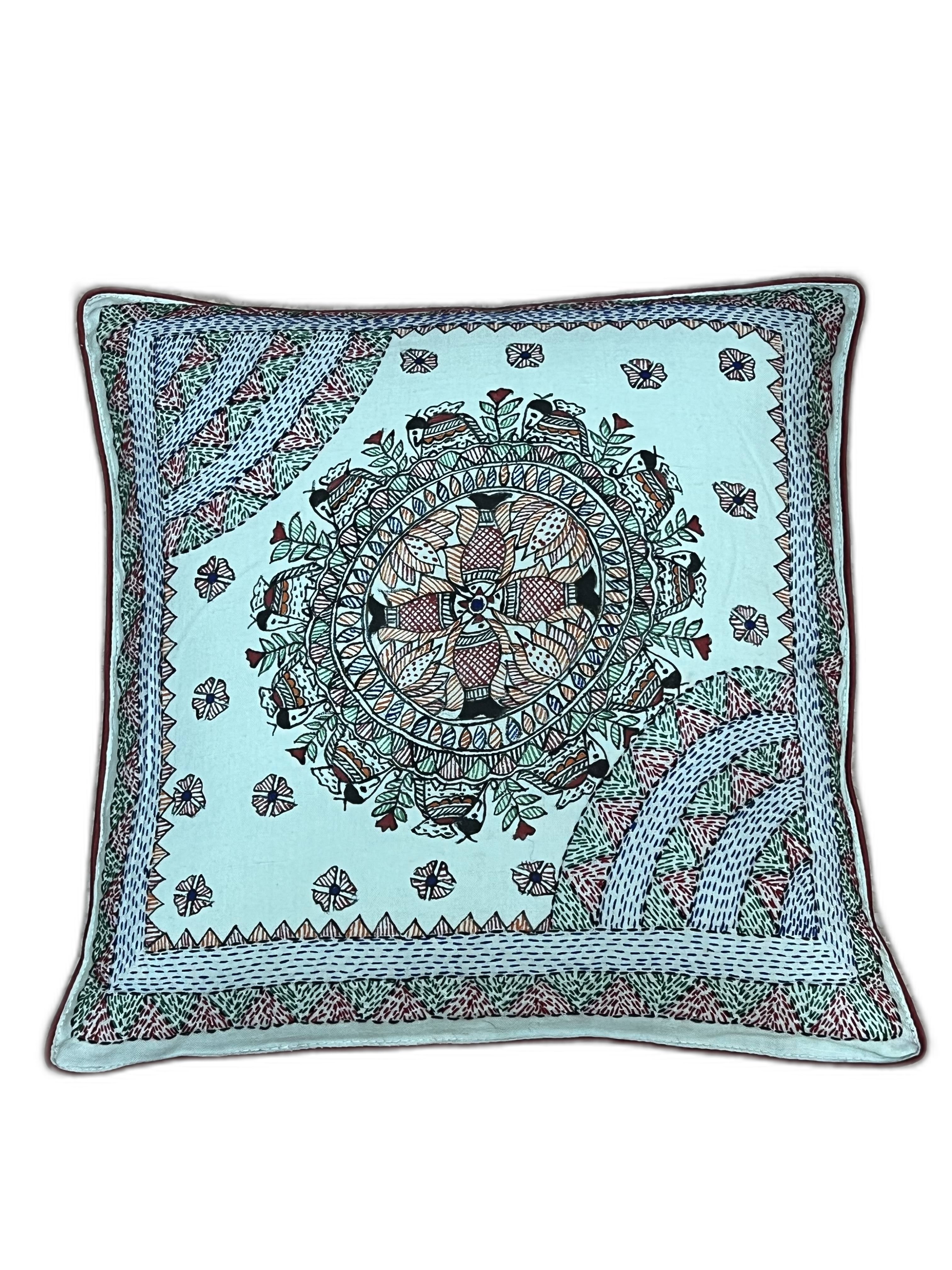 MADHUBANI AND SUJANI HAND-CRAFTED CUSHION COVER- FOUR FISH MOTIF
